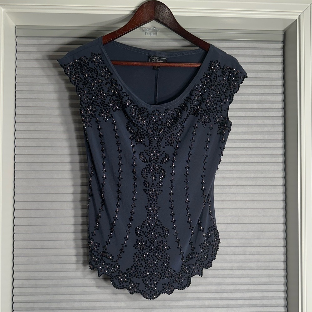 Navy beaded short sleeve top